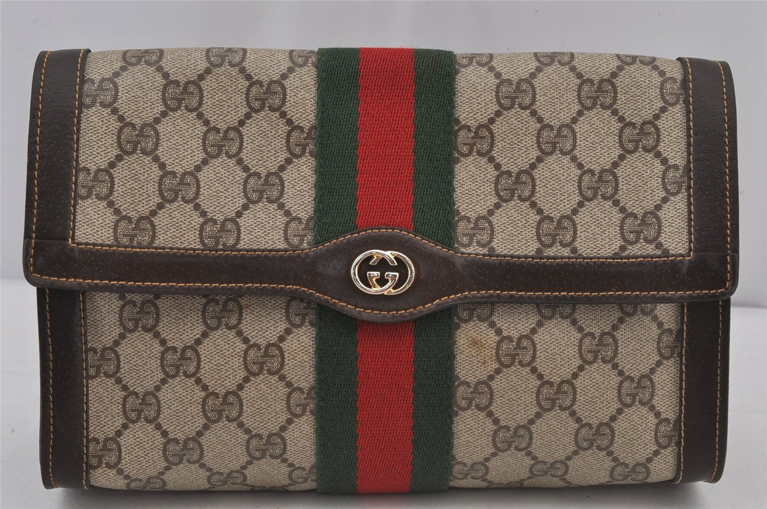 Authentic GUCCI Web Sherry Line Clutch Hand Bag Purse GG PVC Leather Brown 6562J