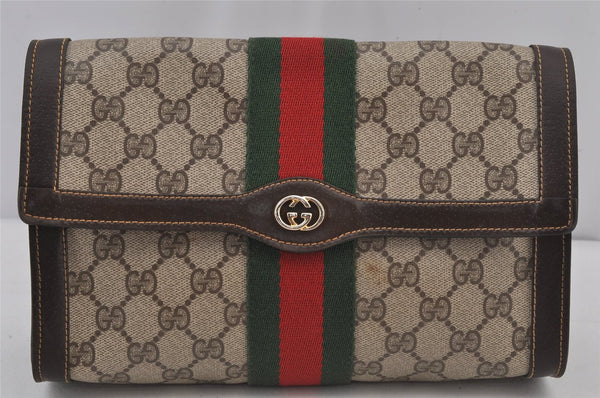 Authentic GUCCI Web Sherry Line Clutch Hand Bag Purse GG PVC Leather Brown 6562J