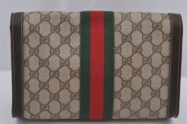Authentic GUCCI Web Sherry Line Clutch Hand Bag Purse GG PVC Leather Brown 6562J