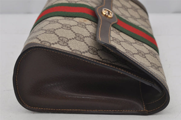 Authentic GUCCI Web Sherry Line Clutch Hand Bag Purse GG PVC Leather Brown 6562J