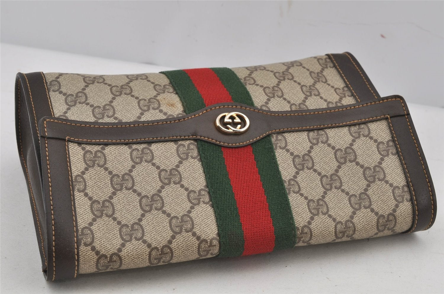 Authentic GUCCI Web Sherry Line Clutch Hand Bag Purse GG PVC Leather Brown 6562J