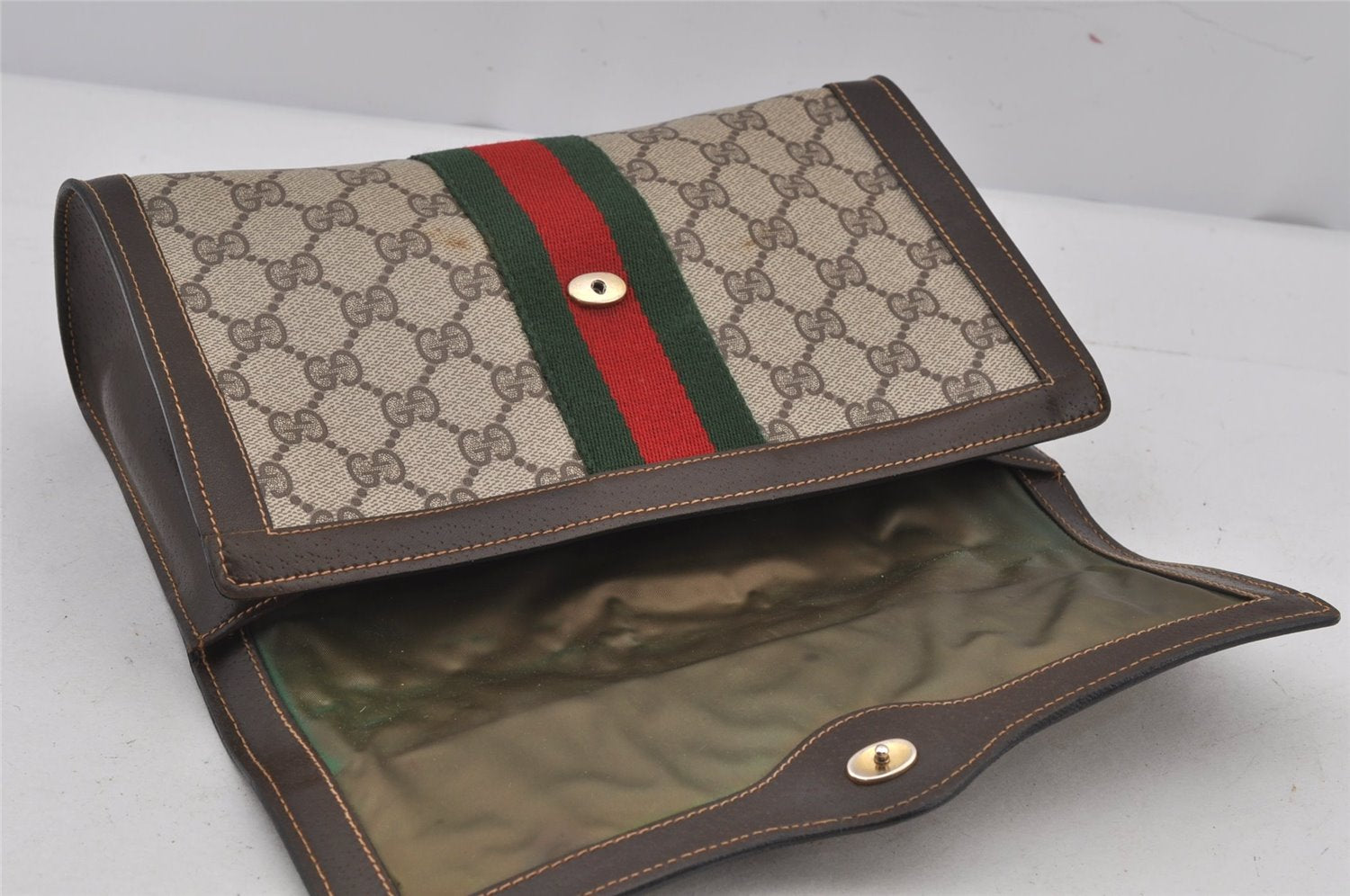 Authentic GUCCI Web Sherry Line Clutch Hand Bag Purse GG PVC Leather Brown 6562J