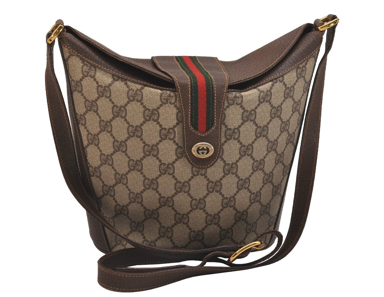 Authentic GUCCI Web Sherry Line Shoulder Cross Bag GG PVC Leather Brown 6567J
