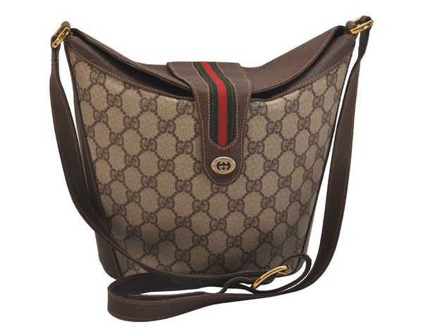 Authentic GUCCI Web Sherry Line Shoulder Cross Bag GG PVC Leather Brown 6567J