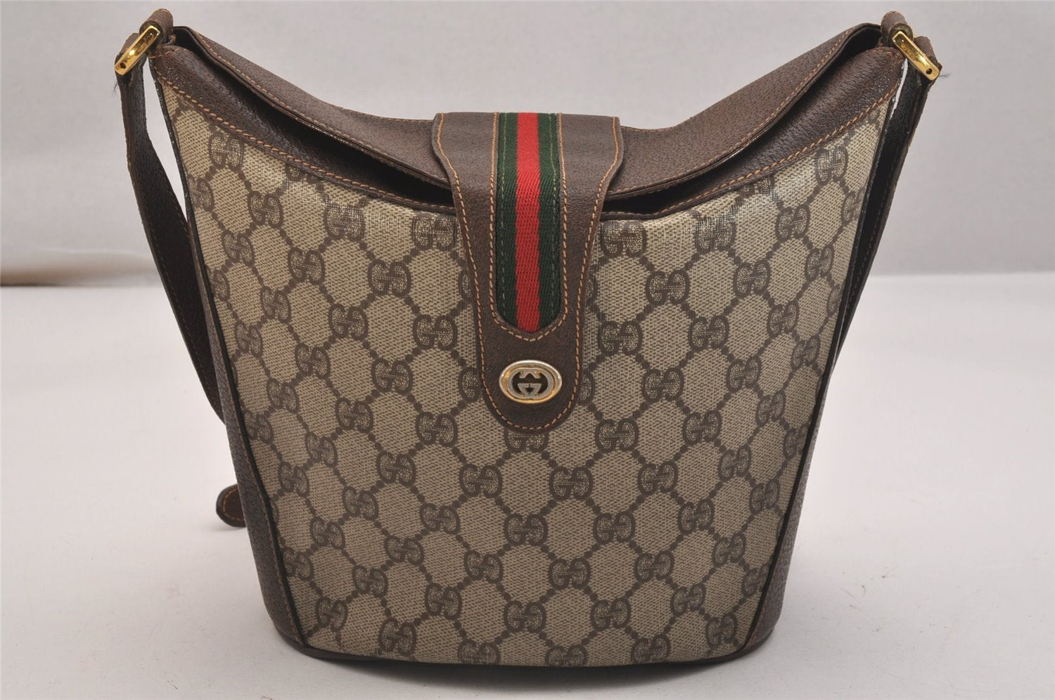 Authentic GUCCI Web Sherry Line Shoulder Cross Bag GG PVC Leather Brown 6567J