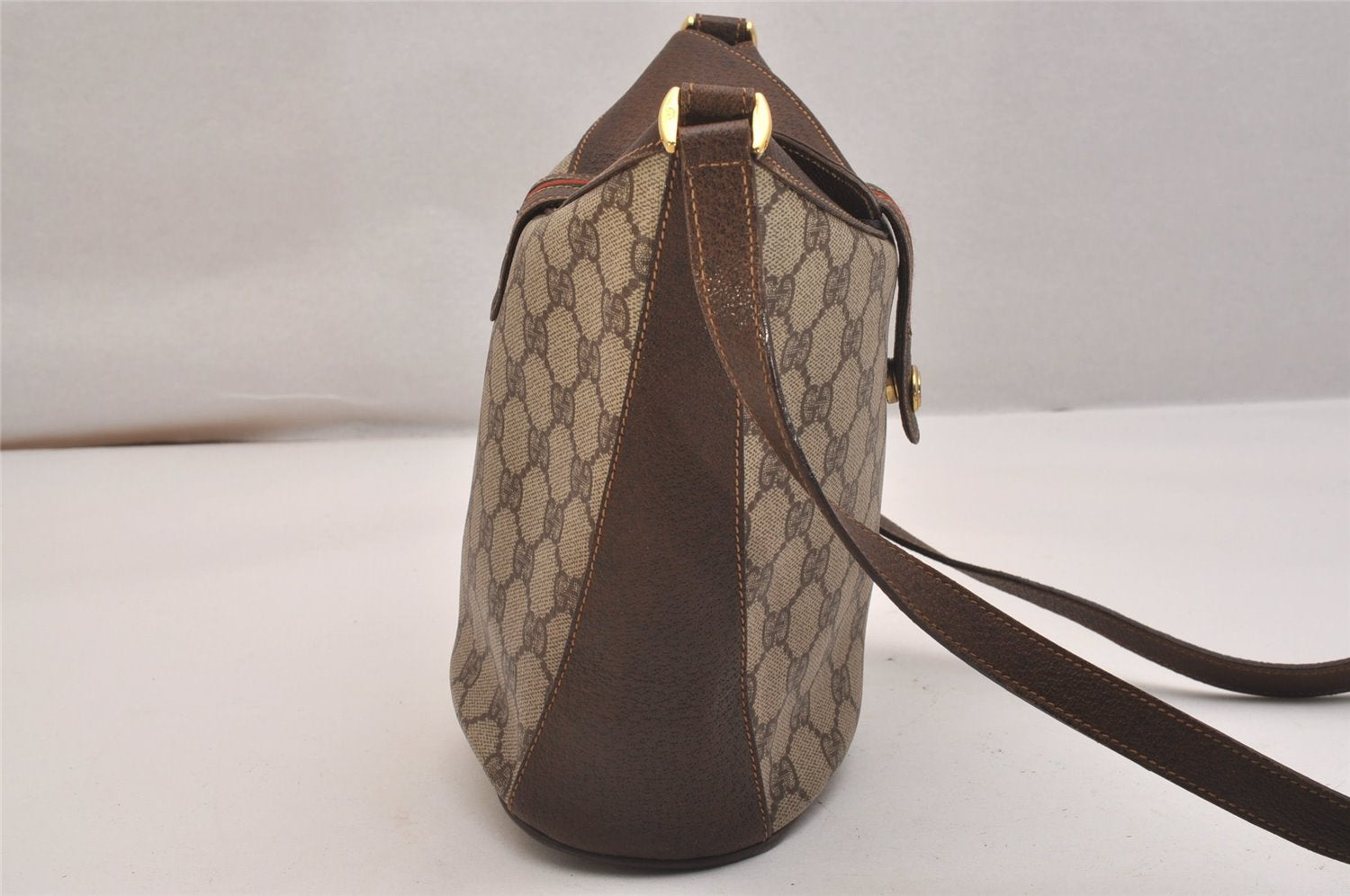 Authentic GUCCI Web Sherry Line Shoulder Cross Bag GG PVC Leather Brown 6567J