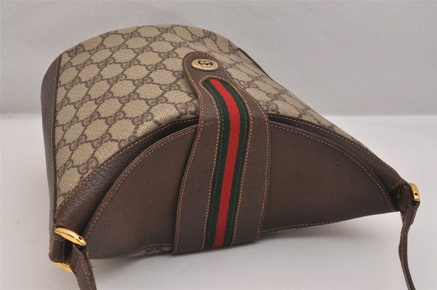 Authentic GUCCI Web Sherry Line Shoulder Cross Bag GG PVC Leather Brown 6567J