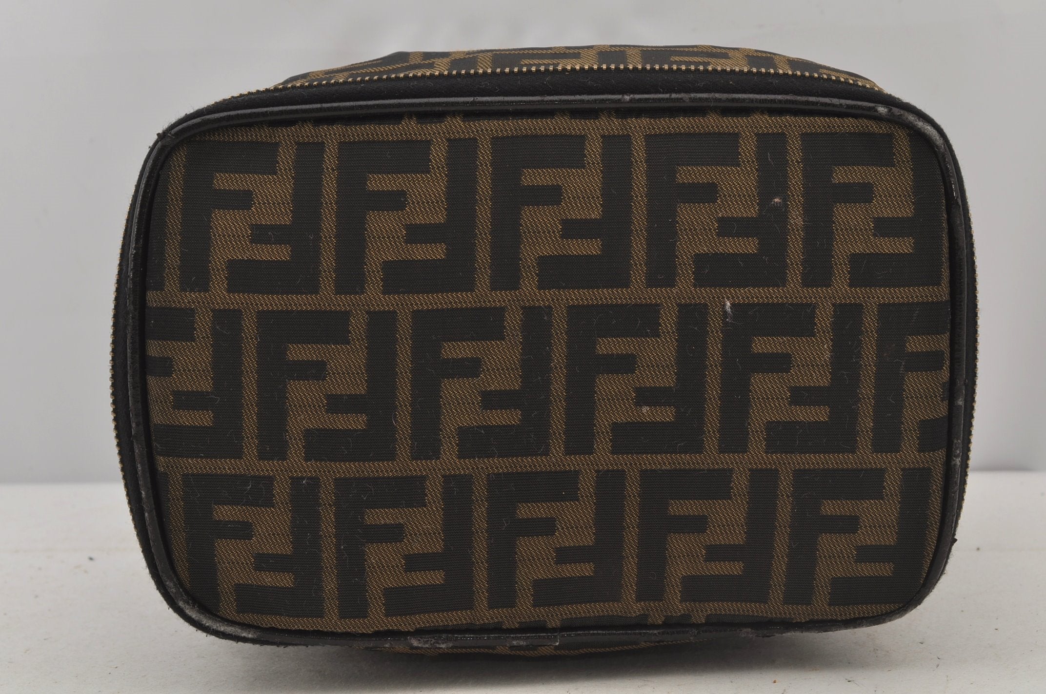 Authentic FENDI Vintage Folding Vanity Hand Bag Purse Nylon Leather Brown 6569J