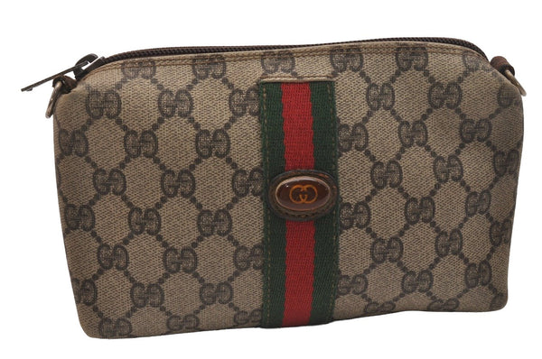 Authentic GUCCI Web Sherry Line 2way Shoulder Pouch GG PVC Leather Brown 6571J