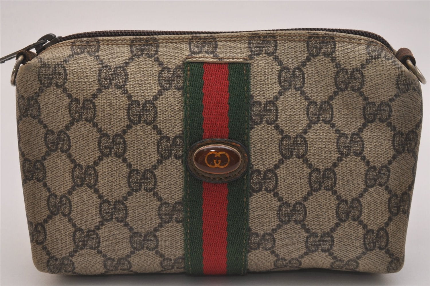 Authentic GUCCI Web Sherry Line 2way Shoulder Pouch GG PVC Leather Brown 6571J