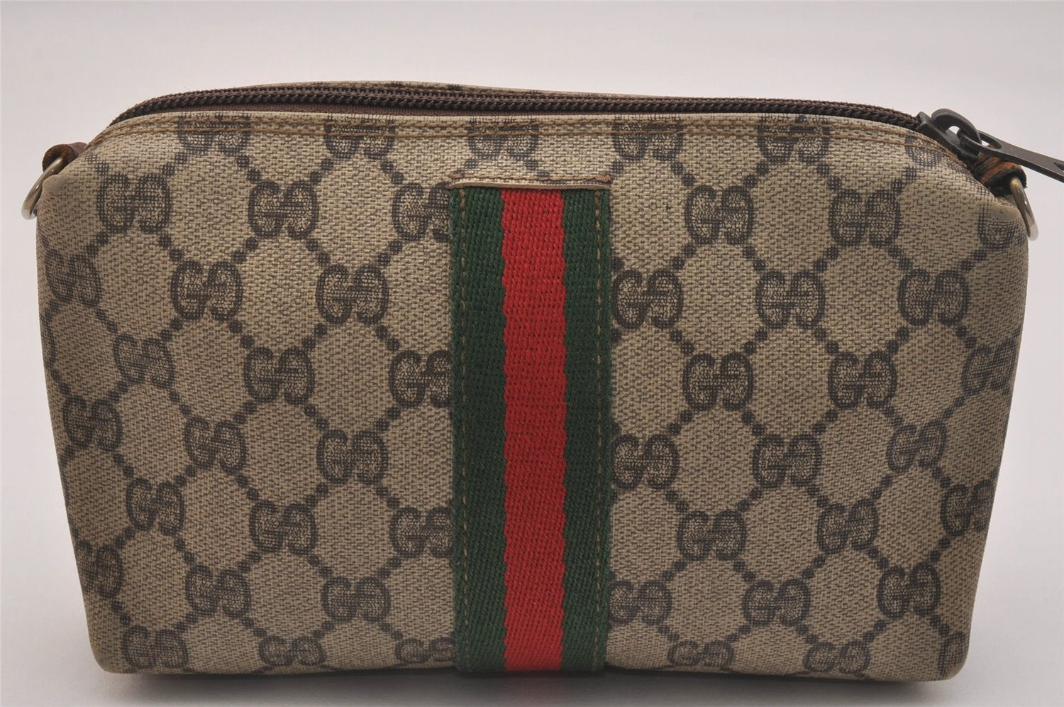 Authentic GUCCI Web Sherry Line 2way Shoulder Pouch GG PVC Leather Brown 6571J