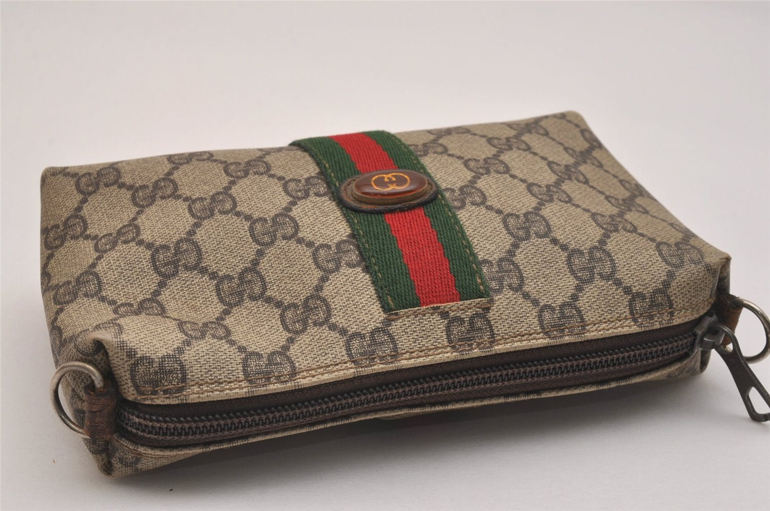 Authentic GUCCI Web Sherry Line 2way Shoulder Pouch GG PVC Leather Brown 6571J
