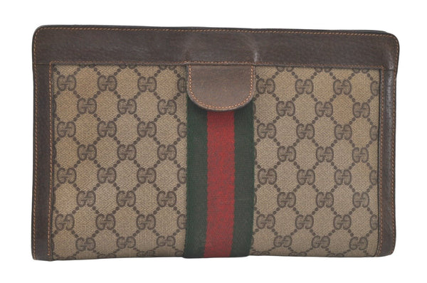 Authentic GUCCI Web Sherry Line Clutch Hand Bag GG PVC Leather Brown Junk 6571K