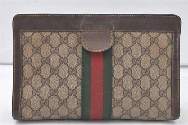 Authentic GUCCI Web Sherry Line Clutch Hand Bag GG PVC Leather Brown Junk 6571K