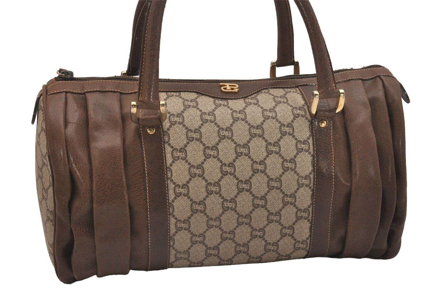 Authentic GUCCI Vintage GG Plus Hand Boston Bag GG PVC Leather Brown Junk 6572J