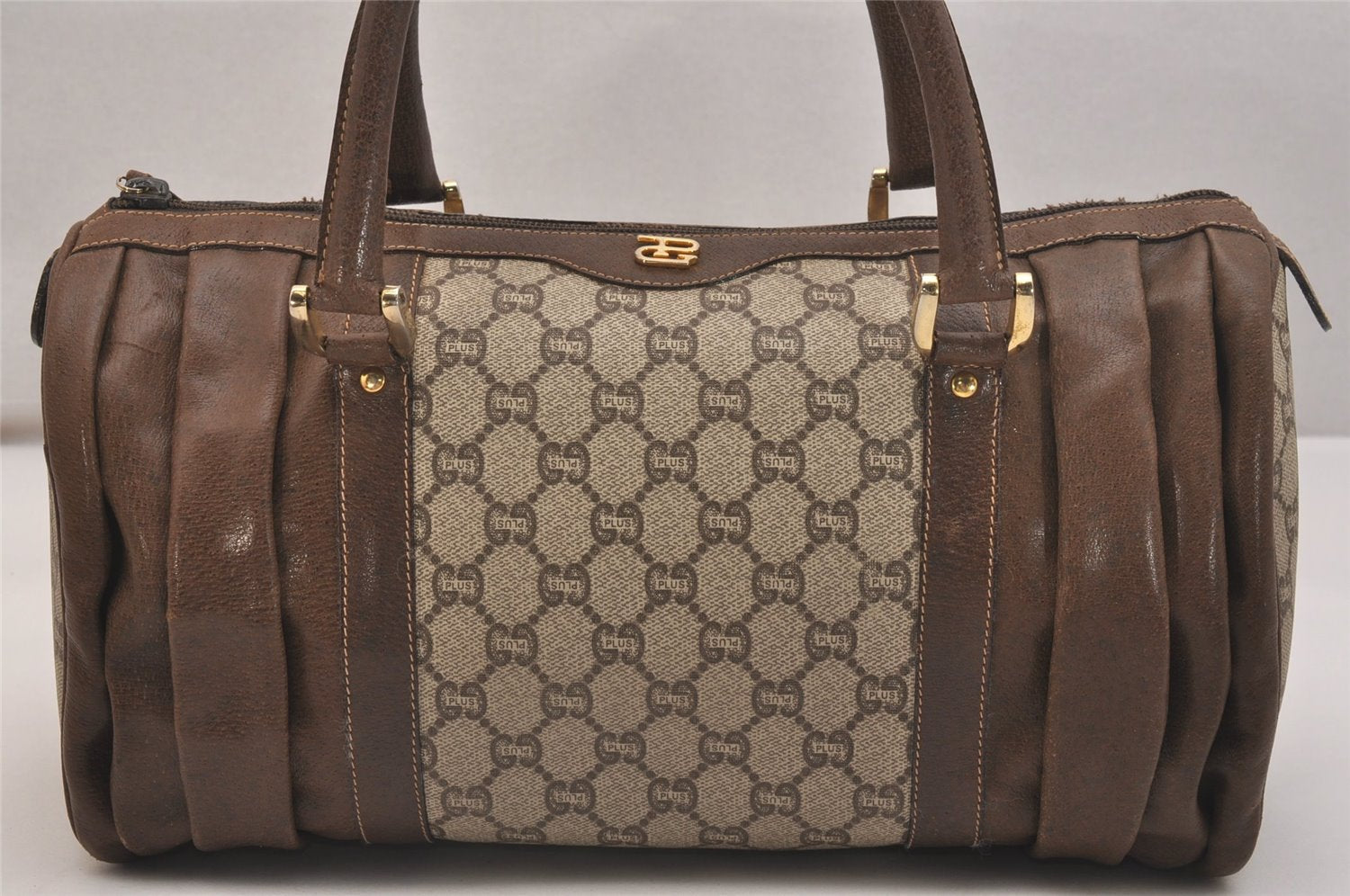 Authentic GUCCI Vintage GG Plus Hand Boston Bag GG PVC Leather Brown Junk 6572J