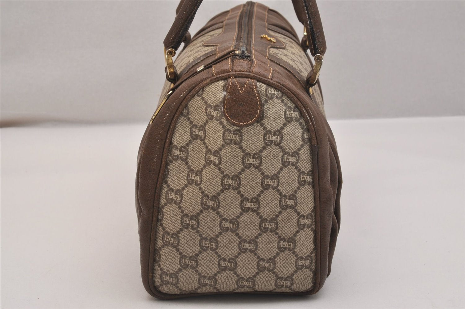 Authentic GUCCI Vintage GG Plus Hand Boston Bag GG PVC Leather Brown Junk 6572J