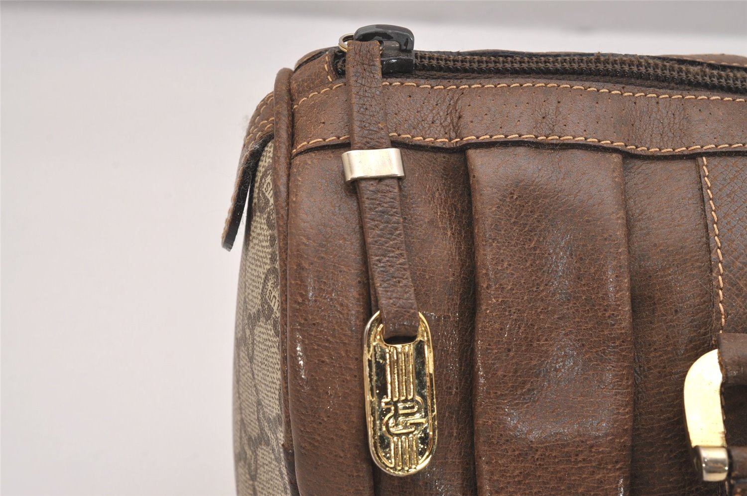 Authentic GUCCI Vintage GG Plus Hand Boston Bag GG PVC Leather Brown Junk 6572J