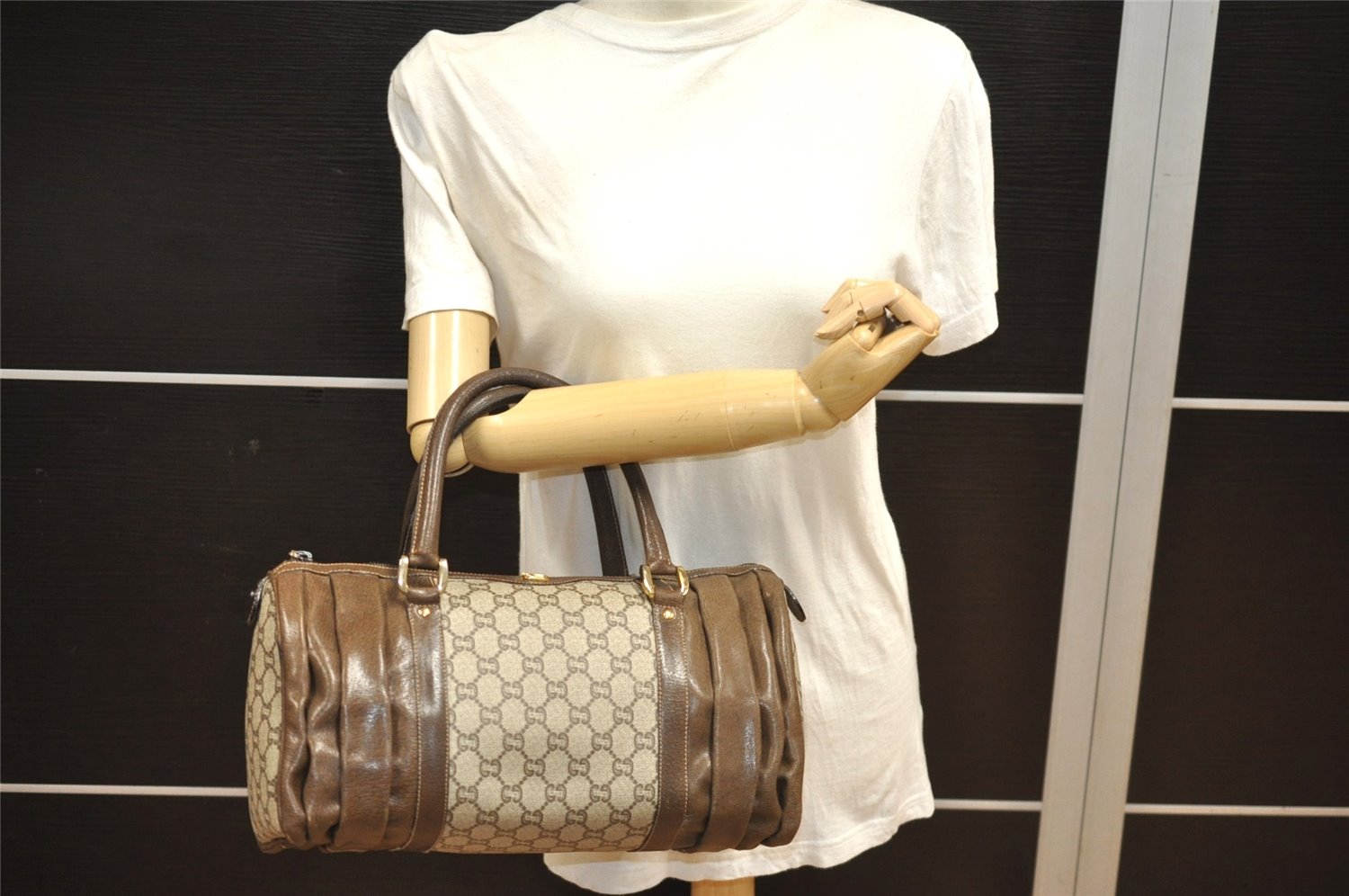 Authentic GUCCI Vintage GG Plus Hand Boston Bag GG PVC Leather Brown Junk 6572J