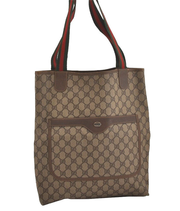 Authentic GUCCI Web Sherry Line Shoulder Tote Bag GG PVC Leather Brown 6573J