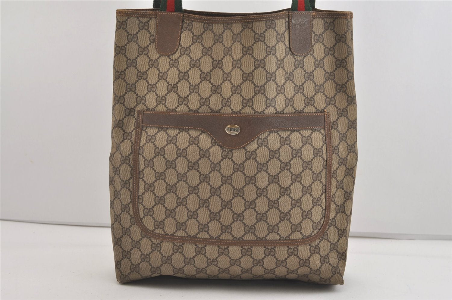 Authentic GUCCI Web Sherry Line Shoulder Tote Bag GG PVC Leather Brown 6573J