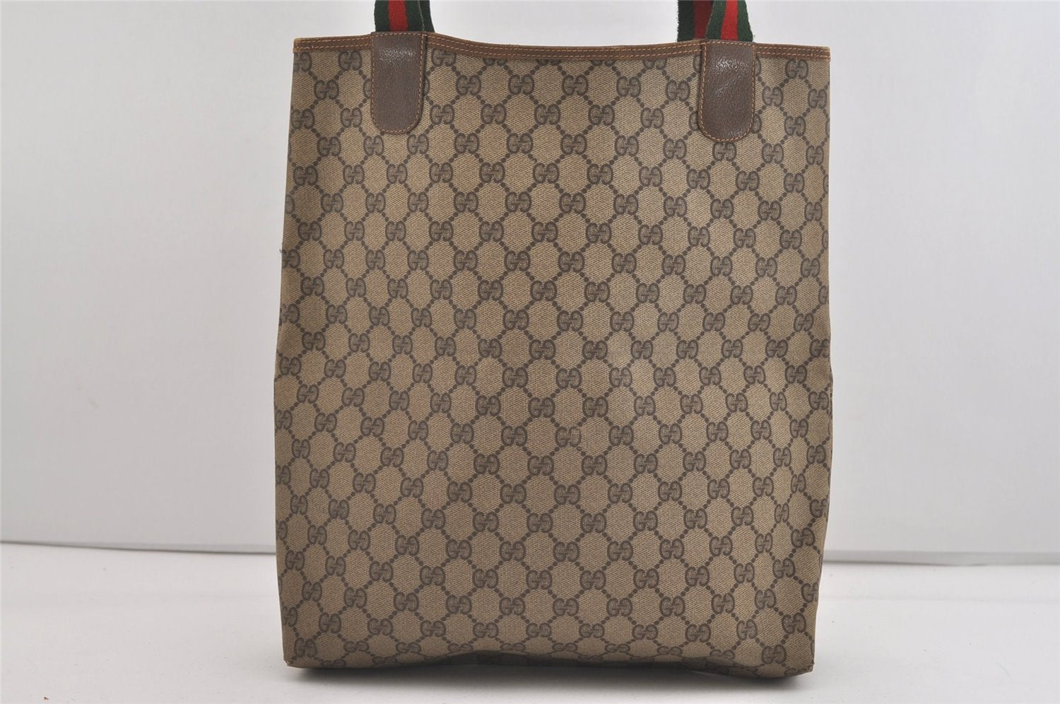 Authentic GUCCI Web Sherry Line Shoulder Tote Bag GG PVC Leather Brown 6573J