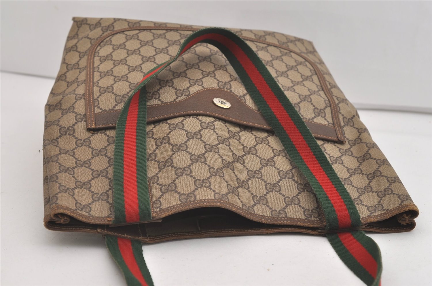 Authentic GUCCI Web Sherry Line Shoulder Tote Bag GG PVC Leather Brown 6573J