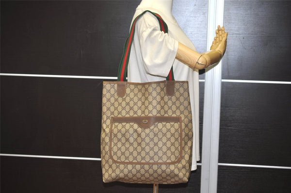 Authentic GUCCI Web Sherry Line Shoulder Tote Bag GG PVC Leather Brown 6573J