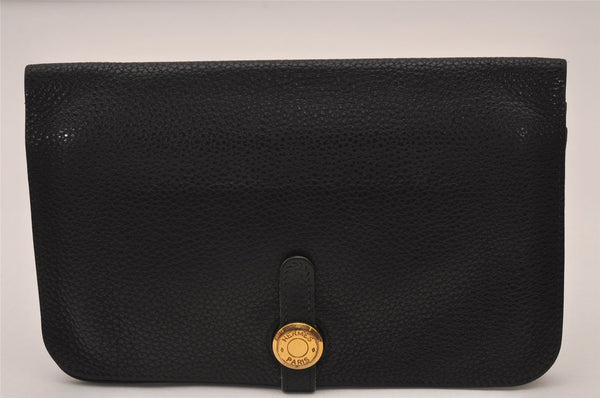 Authentic HERMES Dogon GM Vintage Leather Long Wallet Purse Black 6574I