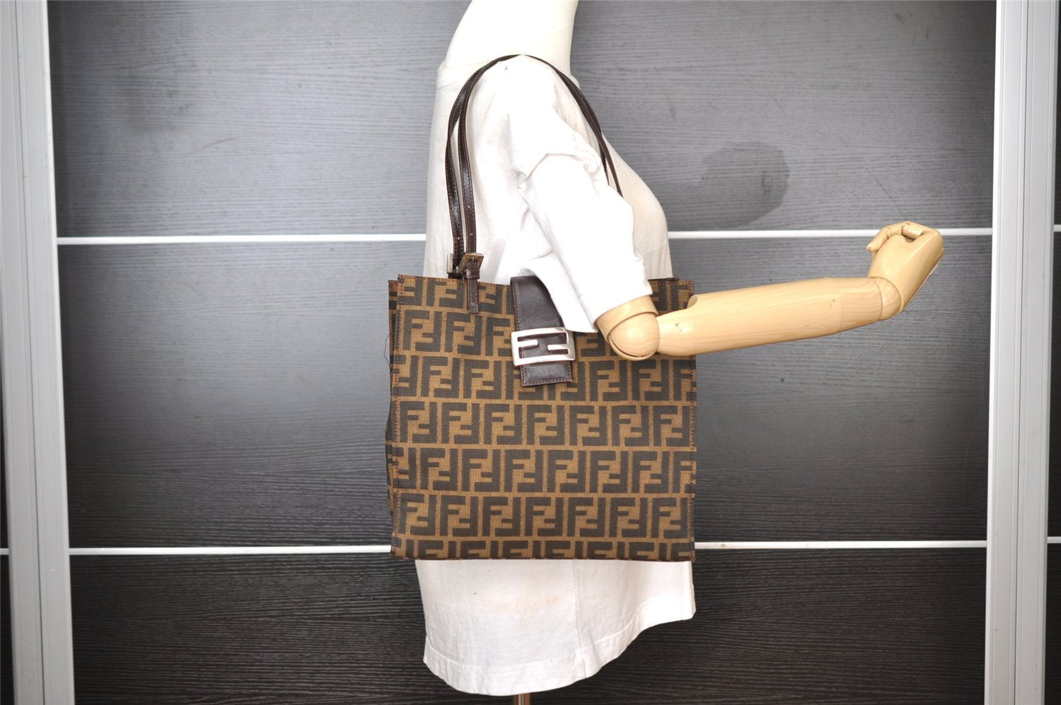 Authentic FENDI Vintage Zucca Shoulder Tote Bag Purse Canvas Leather Brown 6577I