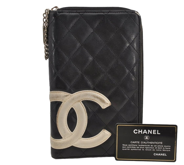 Authentic CHANEL Calf Skin Cambon Line Zippy Organizer Wallet Purse Black 6578I