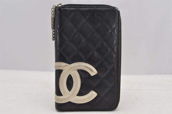 Authentic CHANEL Calf Skin Cambon Line Zippy Organizer Wallet Purse Black 6578I