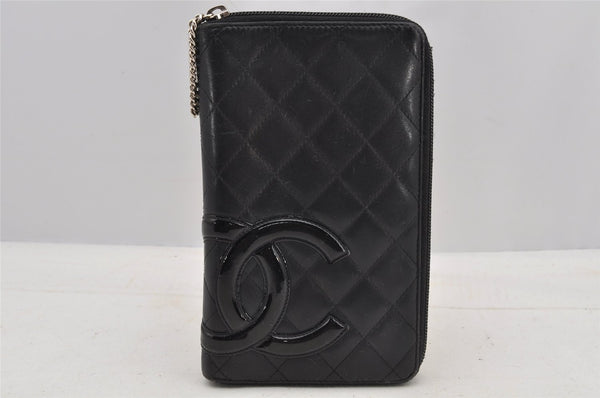 Authentic CHANEL Calf Skin Cambon Line Zippy Organizer Wallet Purse Black 6579I