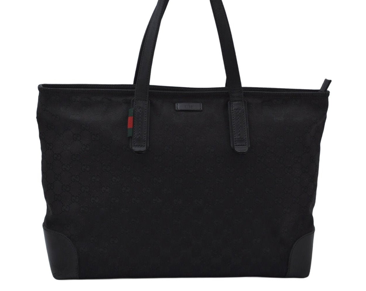Authentic GUCCI Web Sherry Line Tote Bag GG Canvas Leather 308928 Black 6583J