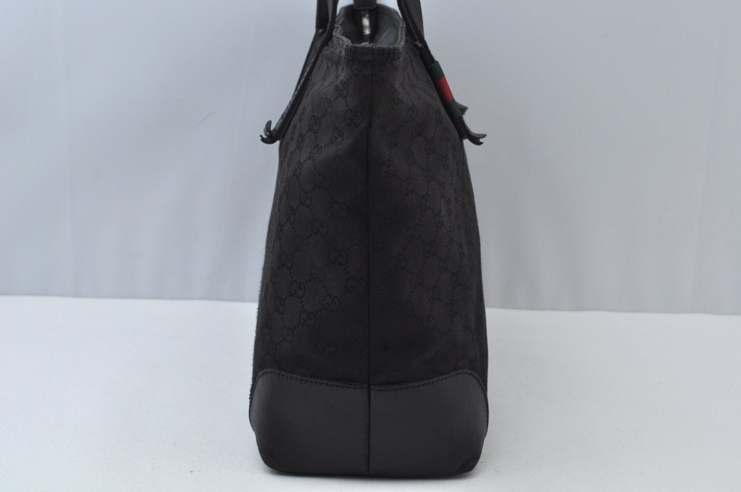 Authentic GUCCI Web Sherry Line Tote Bag GG Canvas Leather 308928 Black 6583J
