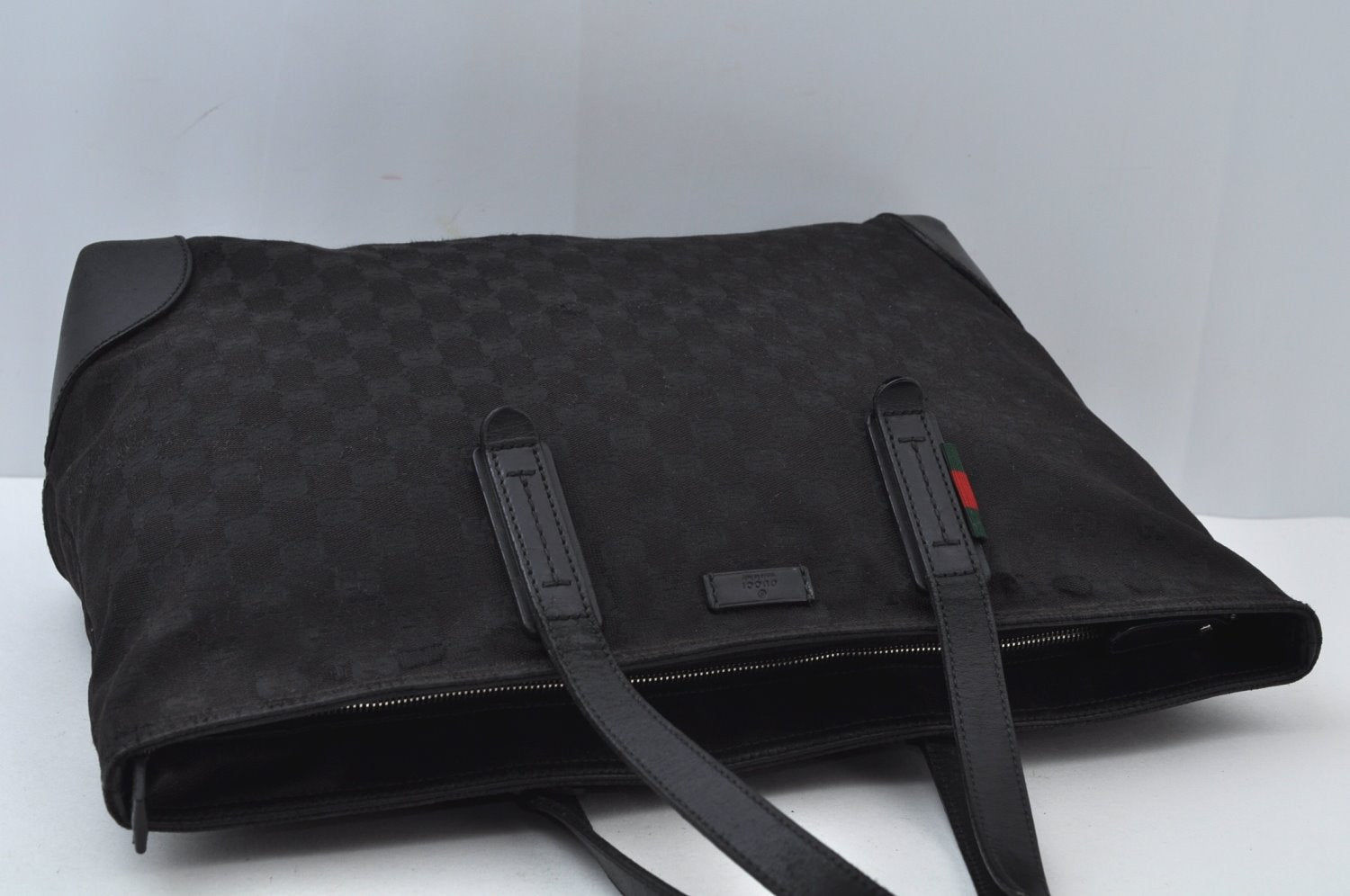 Authentic GUCCI Web Sherry Line Tote Bag GG Canvas Leather 308928 Black 6583J