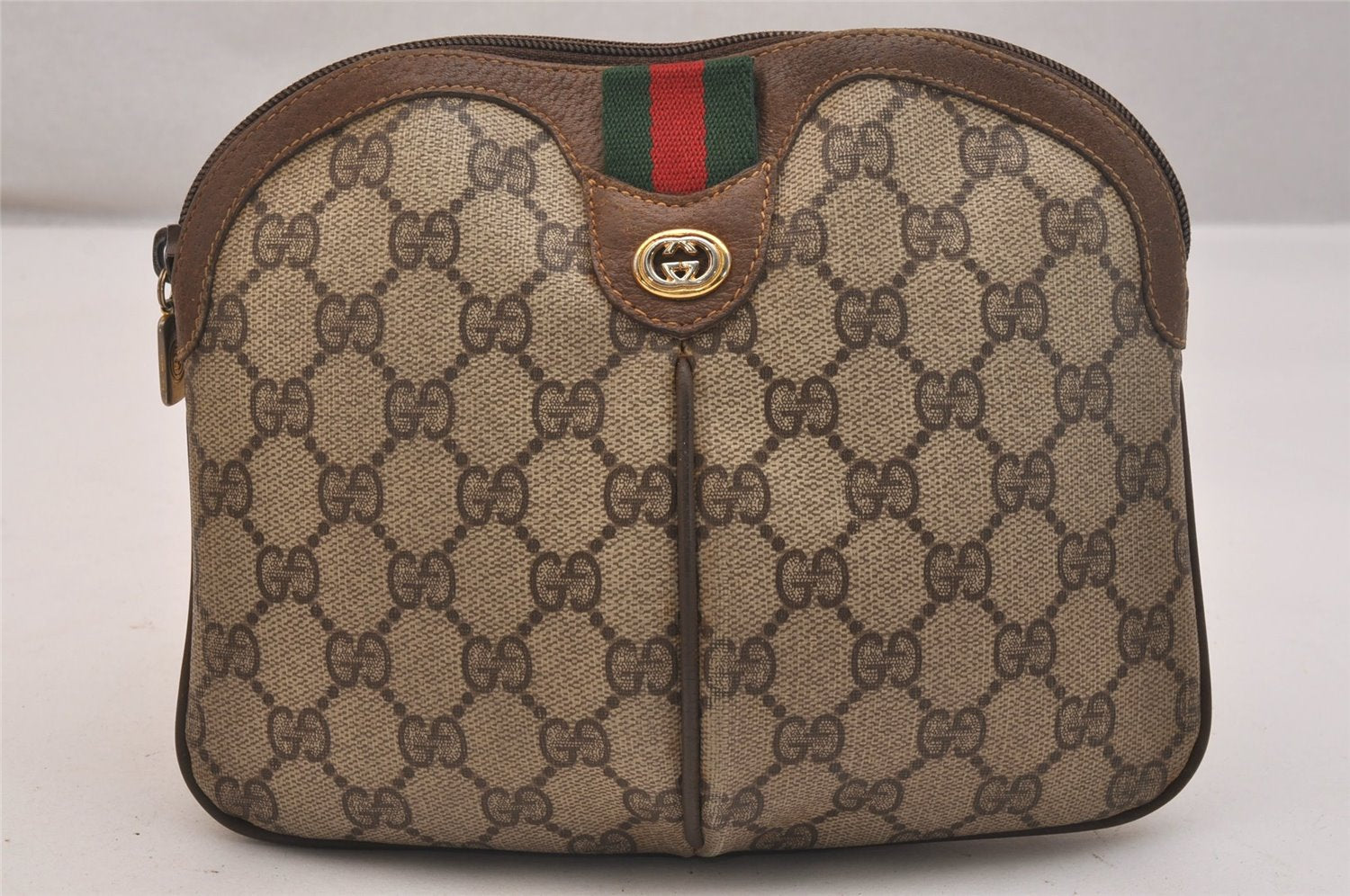 Authentic GUCCI Web Sherry Line Shoulder Bag GG PVC Leather Brown Junk 6586J