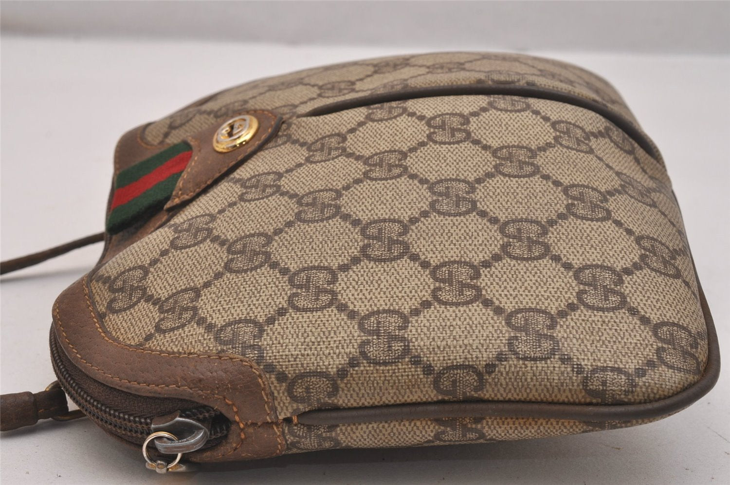 Authentic GUCCI Web Sherry Line Shoulder Bag GG PVC Leather Brown Junk 6586J