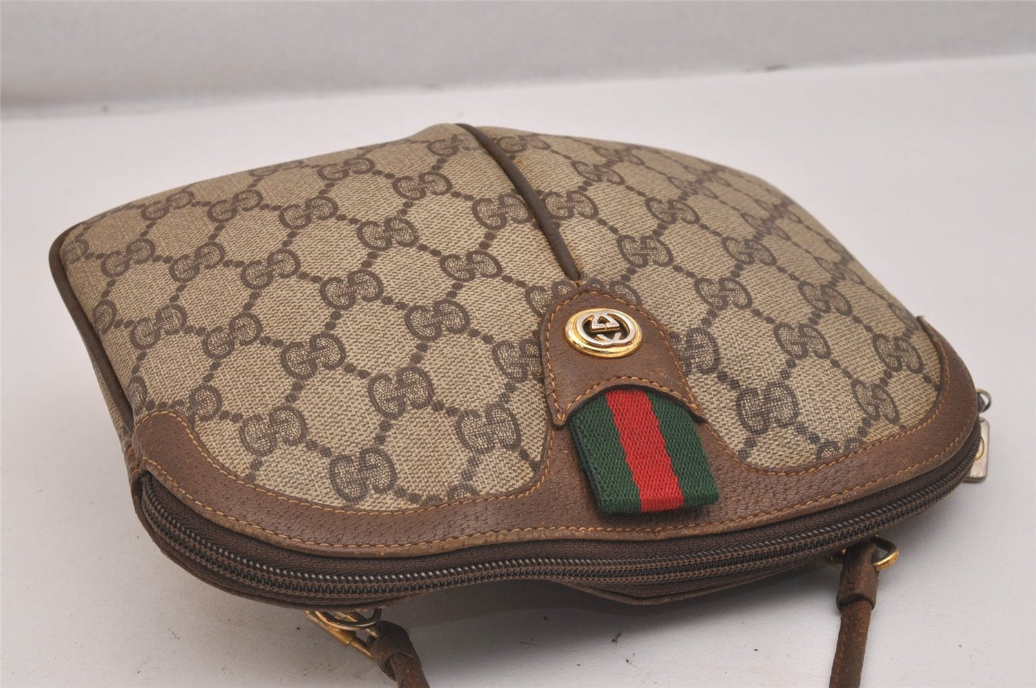 Authentic GUCCI Web Sherry Line Shoulder Bag GG PVC Leather Brown Junk 6586J
