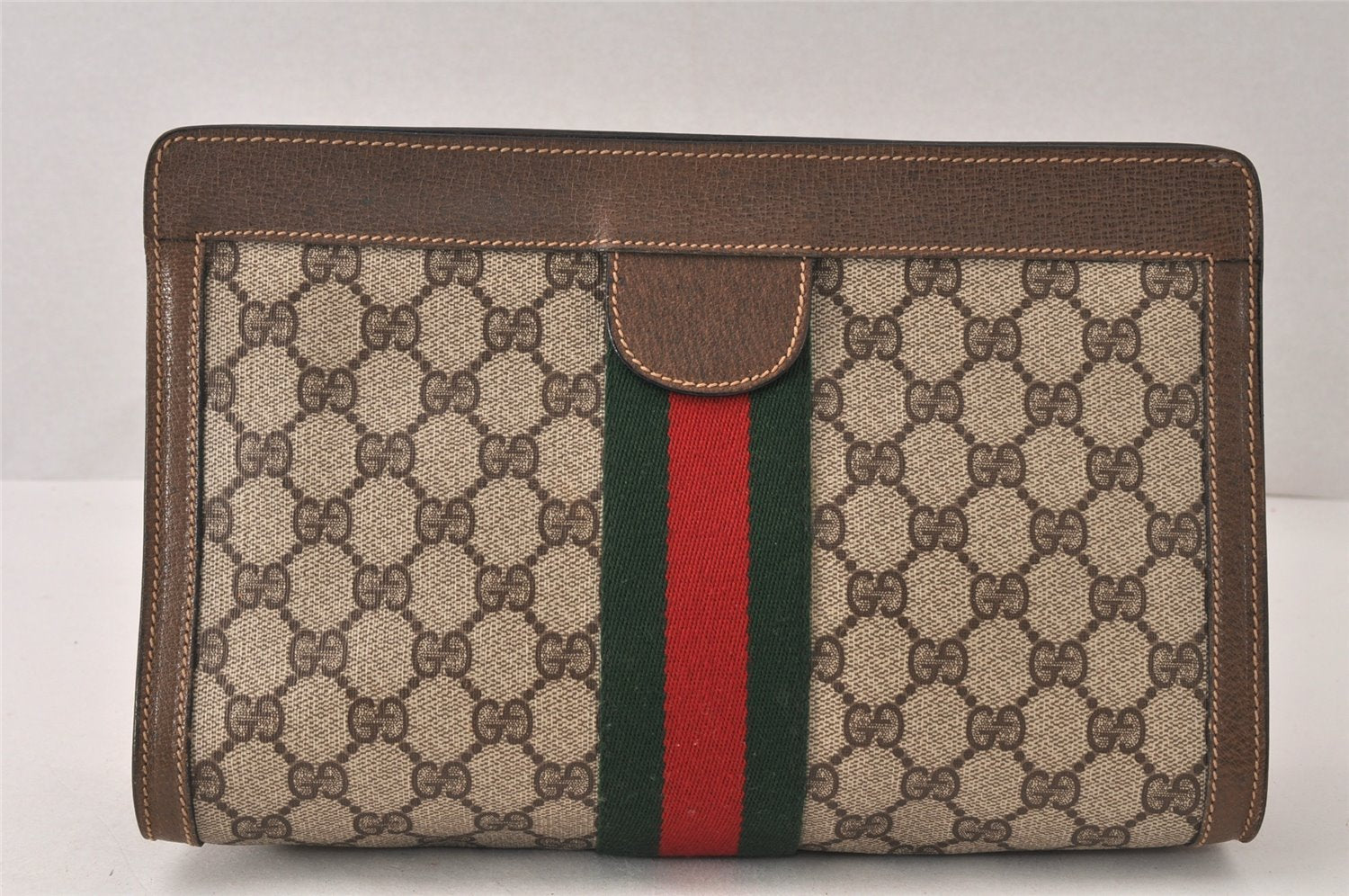 Authentic GUCCI Web Sherry Line Clutch Hand Bag GG PVC Leather Brown Junk 6586K