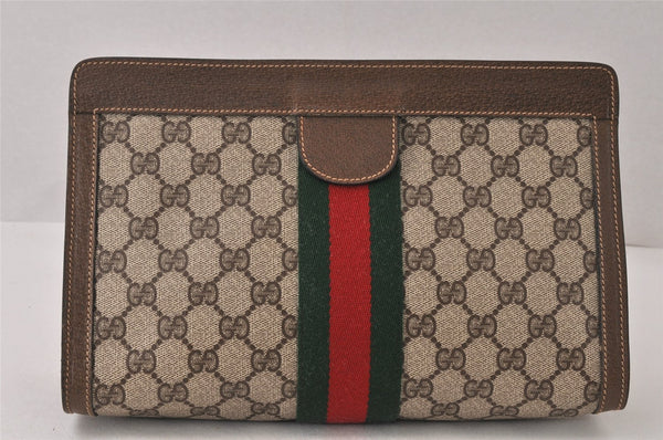 Authentic GUCCI Web Sherry Line Clutch Hand Bag GG PVC Leather Brown Junk 6586K