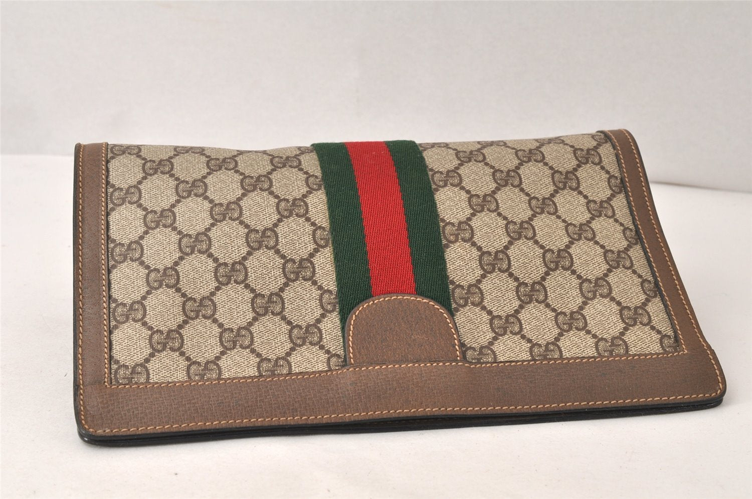 Authentic GUCCI Web Sherry Line Clutch Hand Bag GG PVC Leather Brown Junk 6586K