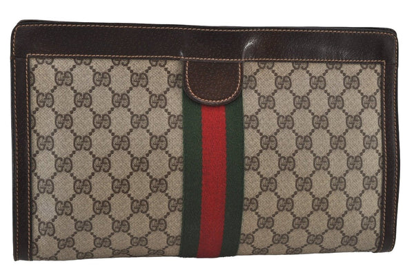 Authentic GUCCI Web Sherry Line Clutch Hand Bag Purse GG PVC Leather Brown 6591J
