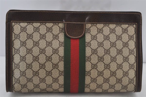 Authentic GUCCI Web Sherry Line Clutch Hand Bag Purse GG PVC Leather Brown 6591J
