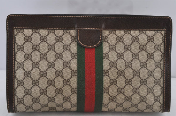 Authentic GUCCI Web Sherry Line Clutch Hand Bag Purse GG PVC Leather Brown 6591J
