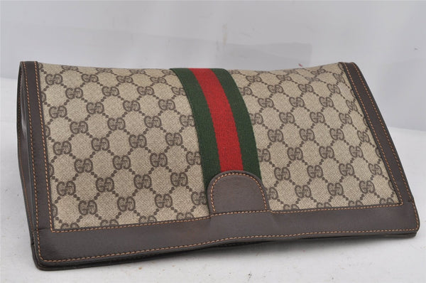 Authentic GUCCI Web Sherry Line Clutch Hand Bag Purse GG PVC Leather Brown 6591J
