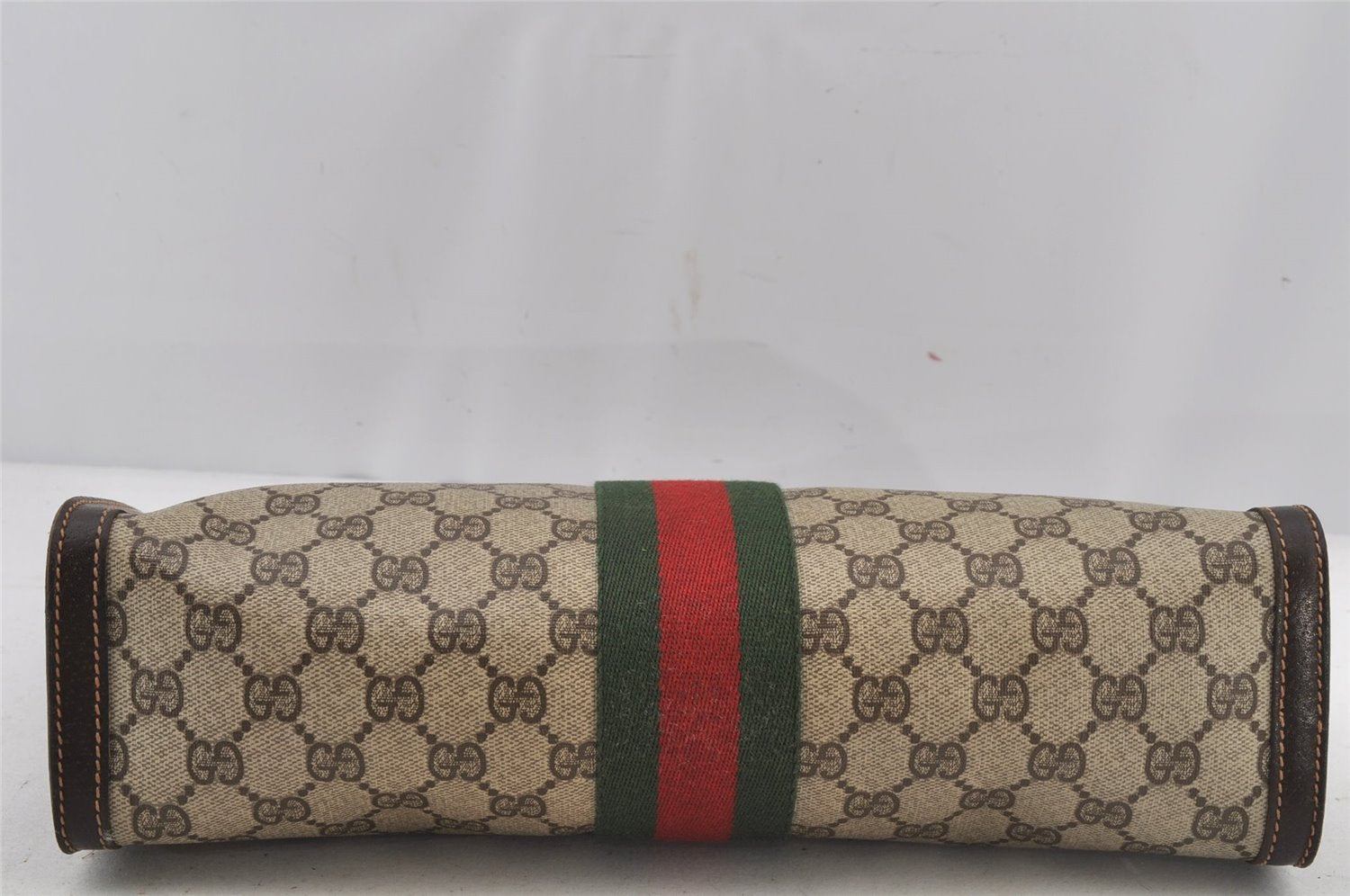 Authentic GUCCI Web Sherry Line Clutch Hand Bag Purse GG PVC Leather Brown 6591J