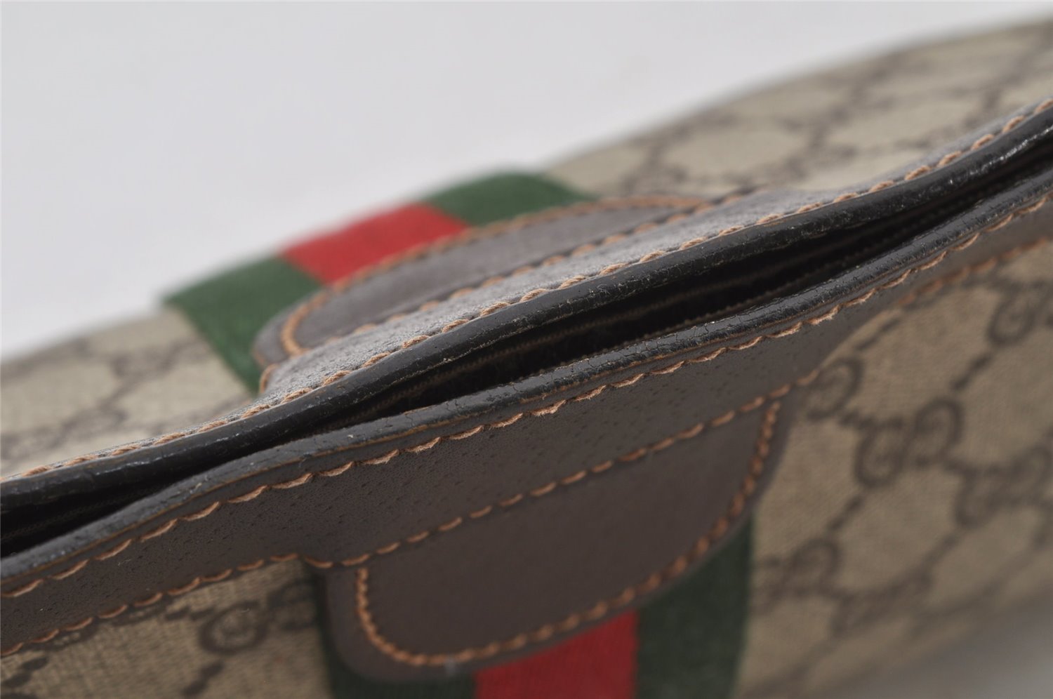 Authentic GUCCI Web Sherry Line Clutch Hand Bag Purse GG PVC Leather Brown 6591J