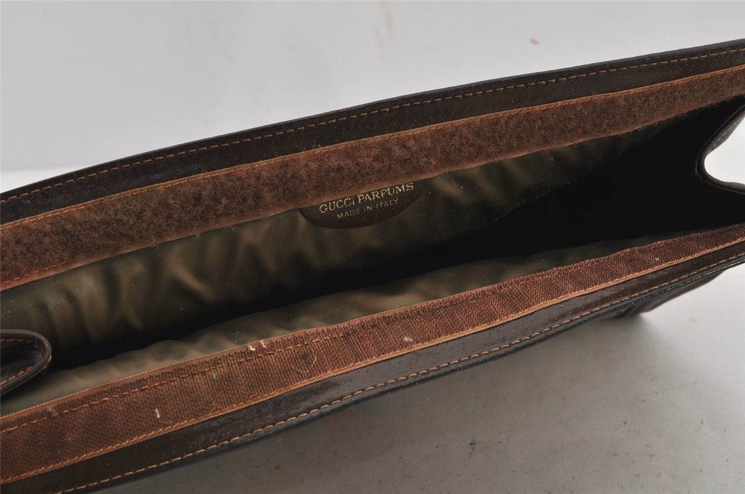 Authentic GUCCI Web Sherry Line Clutch Hand Bag Purse GG PVC Leather Brown 6591J
