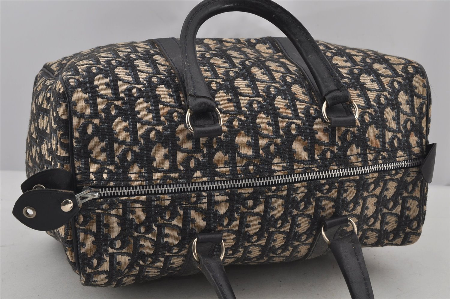 Authentic Christian Dior Trotter Hand Boston Bag Canvas Leather Blue 6594J